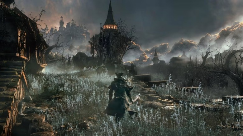 The player approaches a foreboding tower