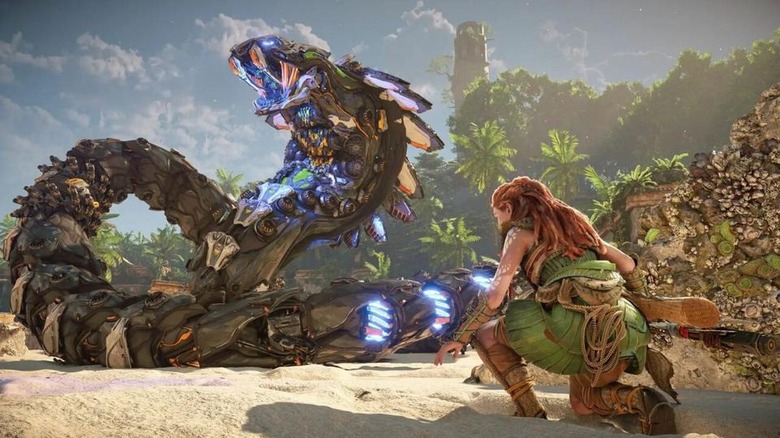 Aloy approaches a giant serpent