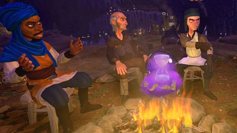 Characters debating around campfire