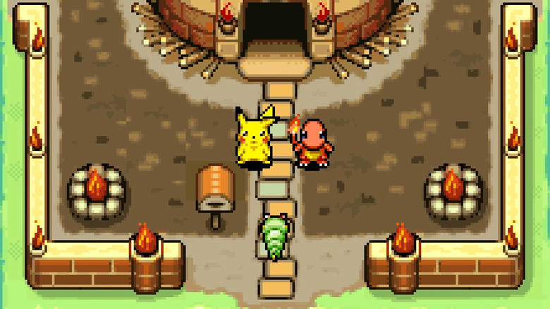 Caterpie talking to Pikachu and Charmander