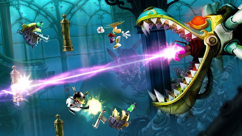 Rayman avoiding a water dragon laser