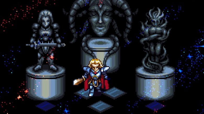 Warrior in front of statues in space