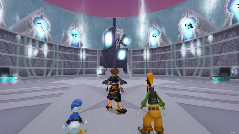 Sora, Goofy, and Donald by an open chest