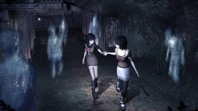 Mio and Maya holding hands surrounded by ghosts