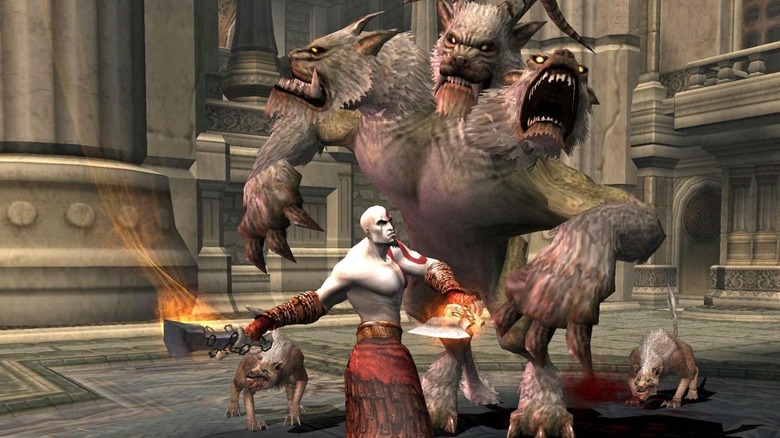 Kratos battles a Cerberus 