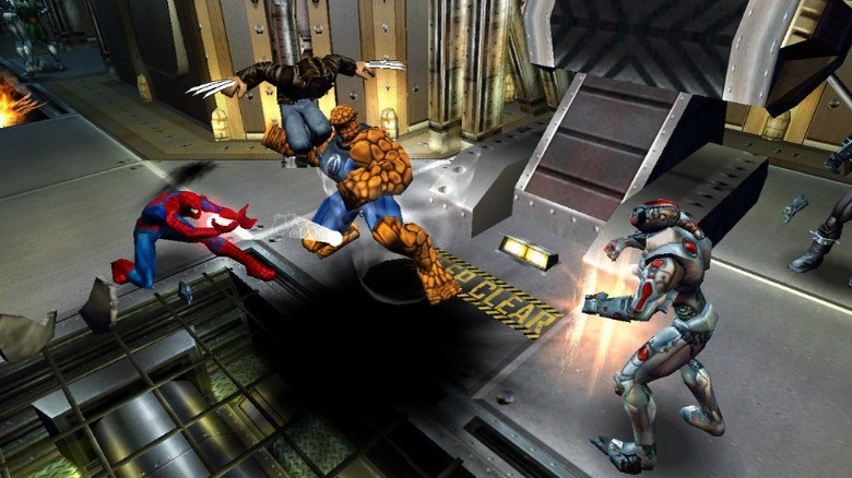 Marvel heroes fighting robot