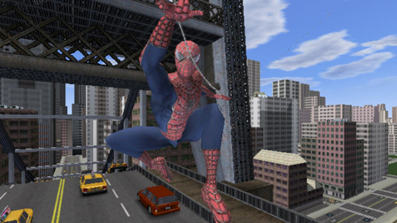 spider-man swinging over a bridge