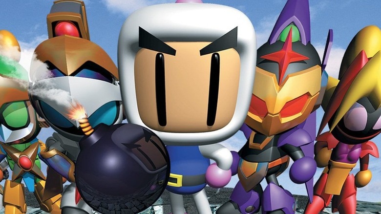 Bomberman characters standing in a line