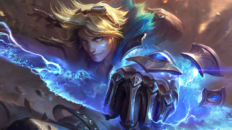 League of Legends hero with blond hair and blue fist