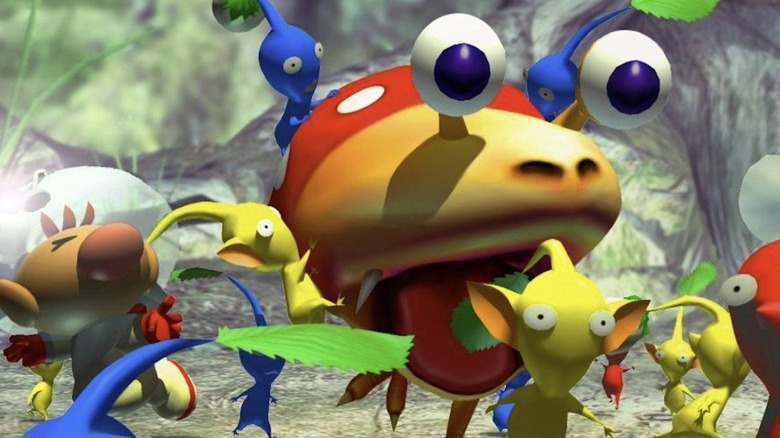 Olimar and pikmin running from a bulborb