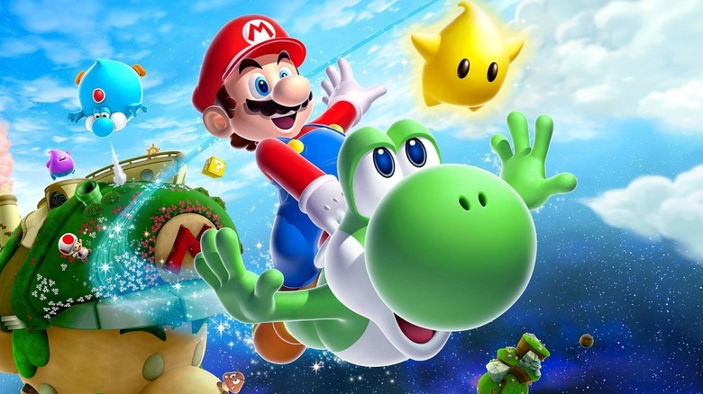 Mario riding on yoshi with luma