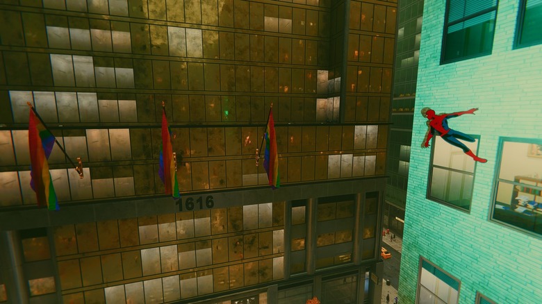 Spider-Man in front of Pride flags