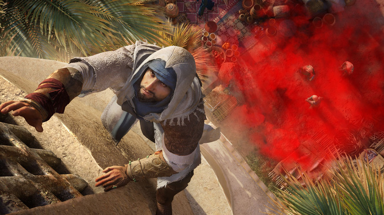 Assassin's Creed Mirage's Basim parkouring away from enemies