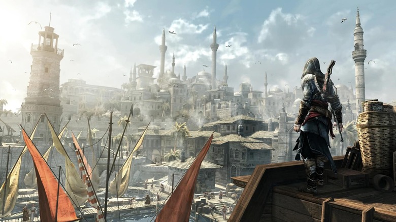 Ezio looking at city from ship