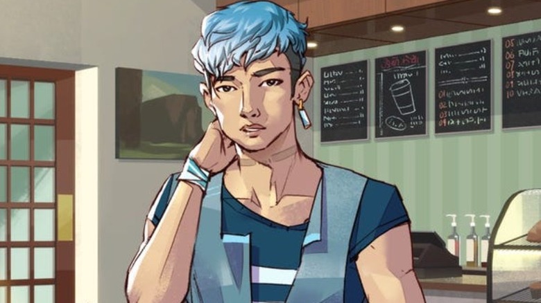 Seven looking concerned in cafe