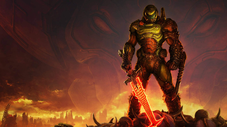 Doom soldier standing on pile of skulls