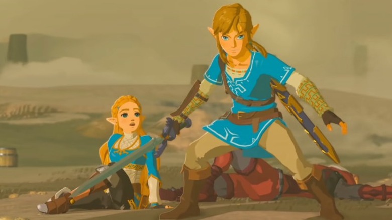 Link defending Zelda with his sword
