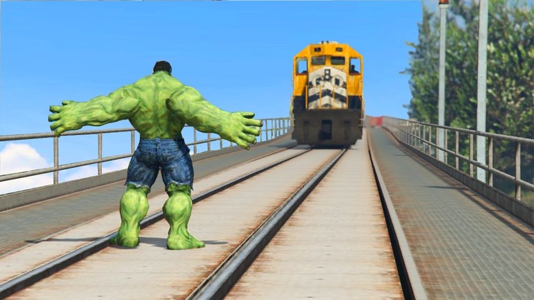 The Hulk tries to stop a train in Grand Theft Auto V