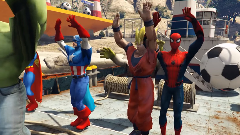 Spider-Man, Goku, Shrek, and Captain America in a GTA-produced kids' video
