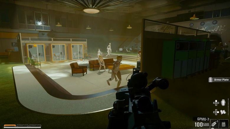 Player looking at room full of mannequins running around