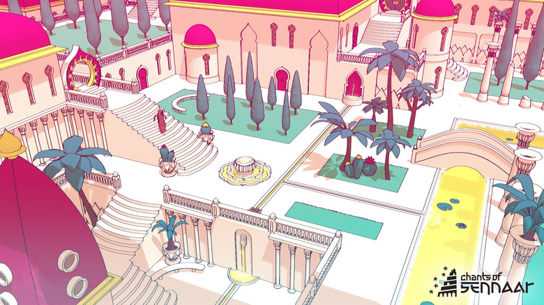 An image of one of the main courtyards for the Bards level with green trees, pink roughs, and gold accents from Chants of Sennaar