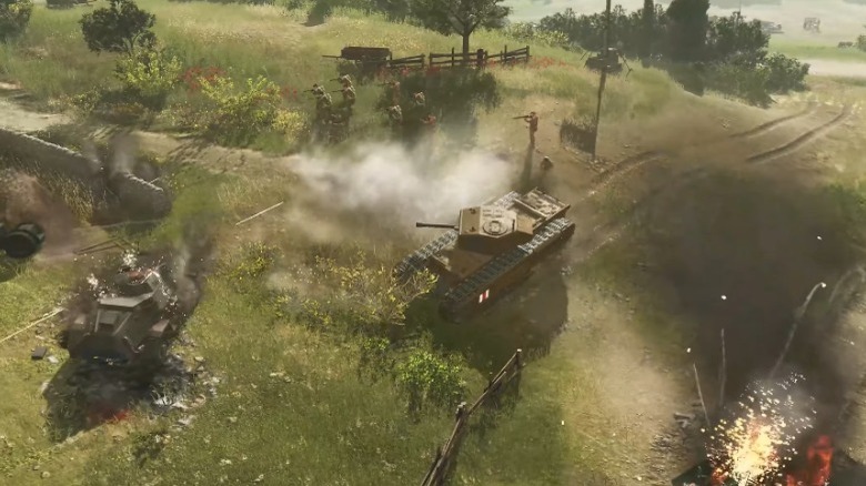 Tank breaking through enemy lines