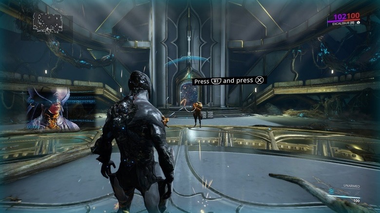 Tenno in Warframe hub with prompt