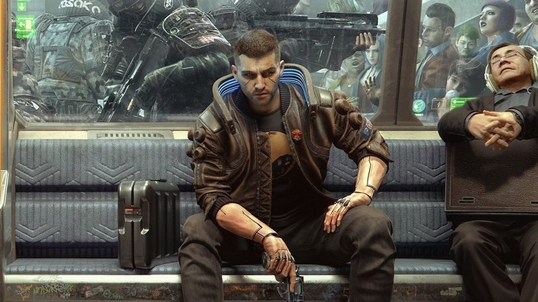 Cyberpunk 2077 V on a subway with a gun