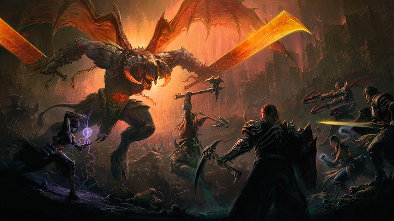 Diablo Immortal people fighting a demon art