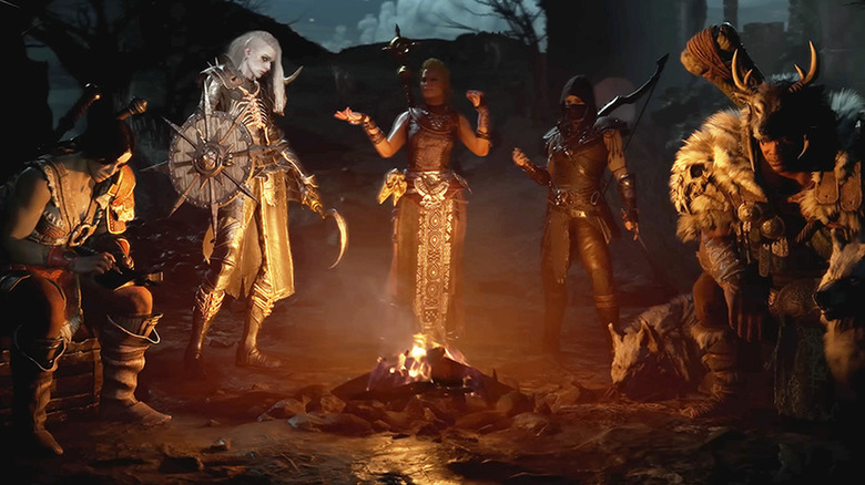 Five character classes standing around a bonfire
