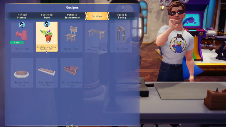 A screenshot from Disney Dreamlight Valley. The player character, looking thoughtful, next to a crafting menu. The Dandelion and Rising Penstemon Pot item is highlighted.