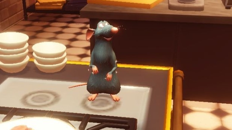A screenshot from Disney Dreamlight Valley. Remy, a rat, is standing on a stovetop in front of a plate of ratatouille.