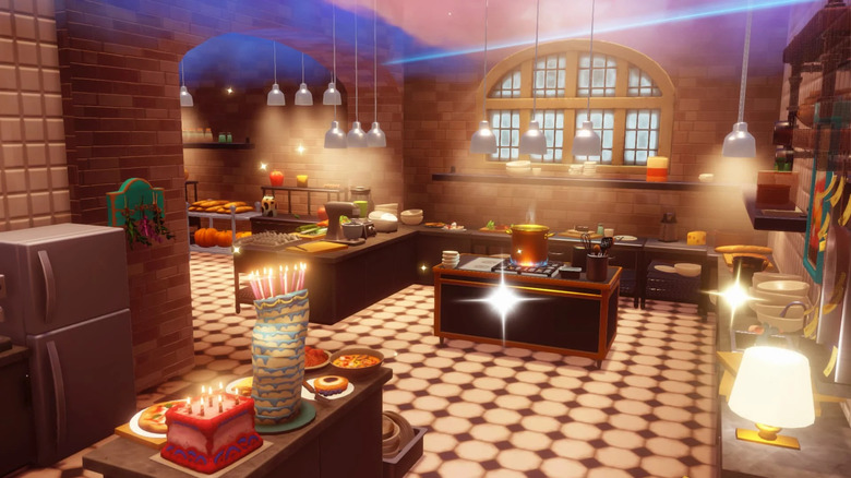 A screenshot from Disney Dreamlight Valley, showing a kitchen with exposed red brick walls, a large window, and shiny appliances.