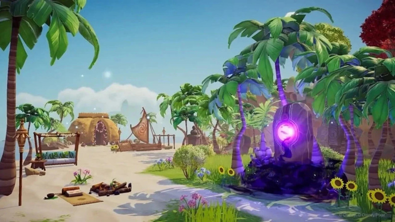 A screenshot from Disney Dreamlight Valley, showing a beach with palm trees and a house in the background, and a campfire, some sunflowers, and a pillar encased in purple magic in the foreground.