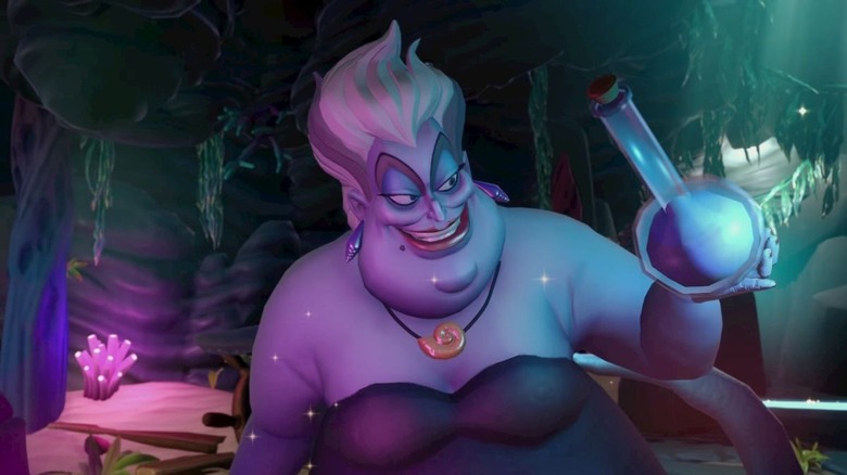 A screenshot from Disney Dreamlight Valley, showing Ursula in a dark cave holding a blue potion and smiling.