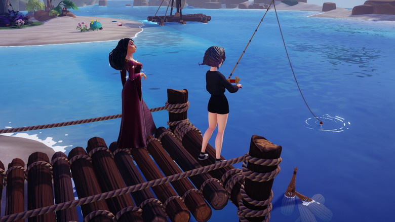 Player character fishing beside Mother Gothel