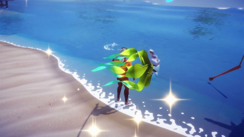 A screenshot from Disney Dreamlight Valley. A player character standing on a beach, with a seaweed icon in the foreground.