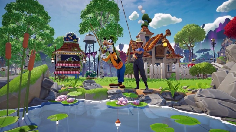 A screenshot from Disney Dreamlight Valley. The player character is fishing in a pond next to Goofy.