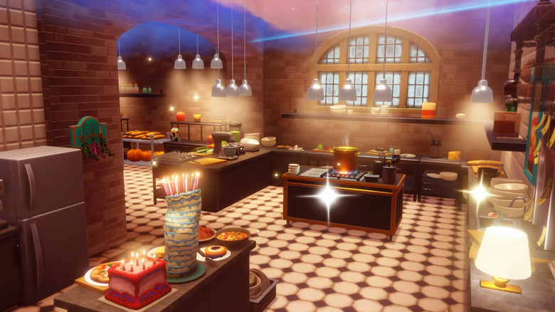 A screenshot from Disney Dreamlight Valley, showing Remy's kitchen. It has exposed brick walls, a large window, and shiny appliances.