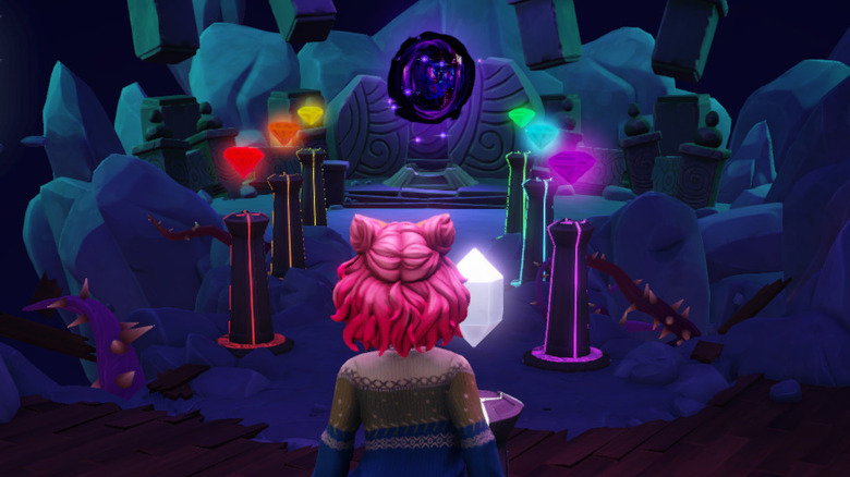 Player standing before floating crystals