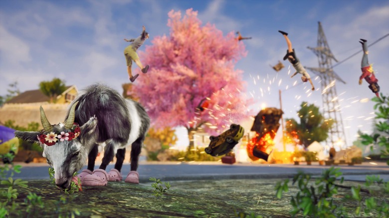 Goat eating while explosion goes off