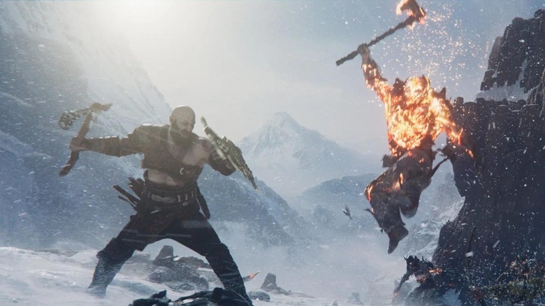 Kratos fights a blazing foe in promo art for Ragnarok