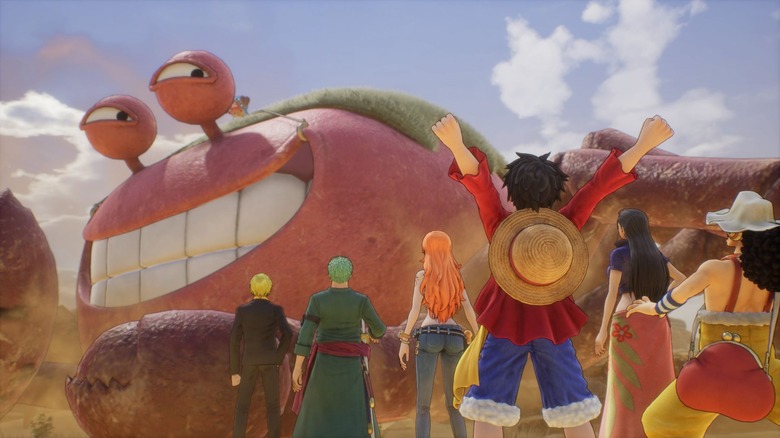 Monkey D. Luffy and friends viewing an enormous crab in "One Piece Odyssey"