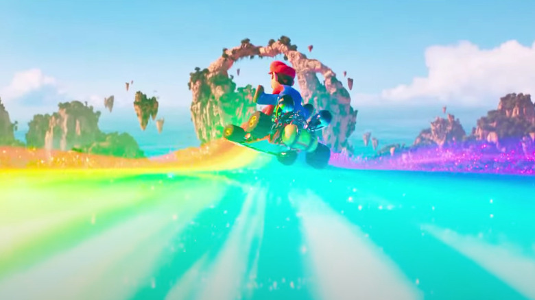 Mario racing on Rainbow Road