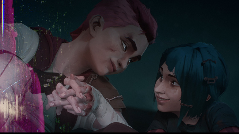 Vi and Powder hold hands