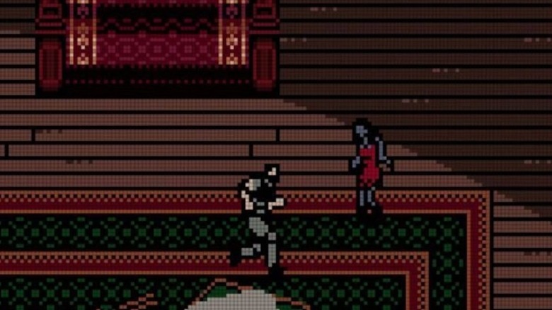 A pixelated man runs through a house