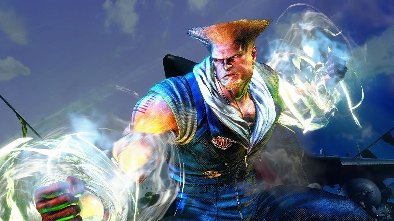 Guile holding up charged fist