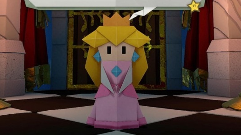 Origami Peach standing in front of door