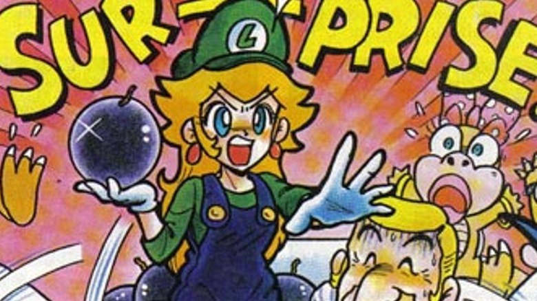 Peach dressed as Luigi holding bomb