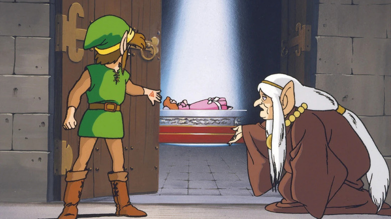 Link and Impa look at sleeping Zelda Adventures of Link